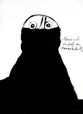 Schwarz‑weiße grafische Darstellung einer Figur mit stark reduziertem Gesicht und hohem Dunkel‑Hell‑Kontrast.
