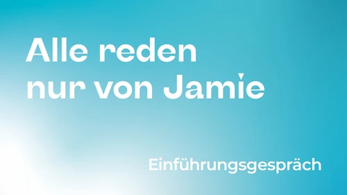 The image shows a light blue background with a gentle color gradient. At the top left, in large white letters, is the text “Everyone's talking about Jamie,” and at the bottom right, also in white, is the text “Introductory meeting.”