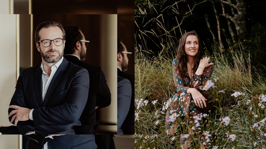 Zweigeteiltes Bildsujet: Links ein Porträtfoto von Fabien Gabel, Chefdirigent vom Tonkünstler-Orchester Niederösterreich, mit verschränkten Armen, direkt in die Kamera blickend, rechts die Sopranistin Elsa Benoit in einem Blumenfeld.