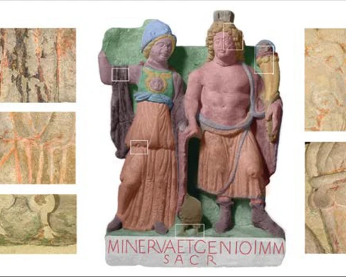 Polychromie der Statuetten von Minerva und Genius Immunium, Farbe des Denkmals wird sichtbar gemacht mit Detailansichten 